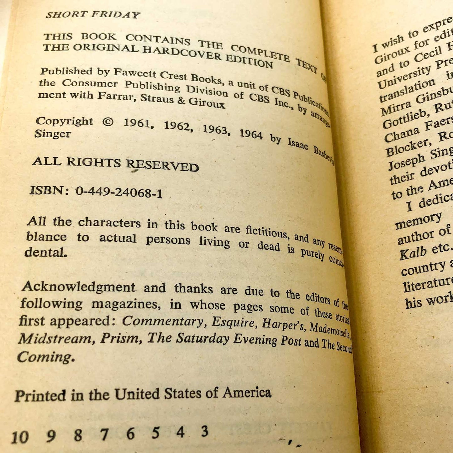 Short Friday & Other Stories by Isaac Bashevis Singer [FIRST PAPERBACK EDITION] 1964