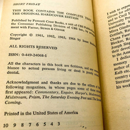 Short Friday & Other Stories by Isaac Bashevis Singer [FIRST PAPERBACK EDITION] 1964