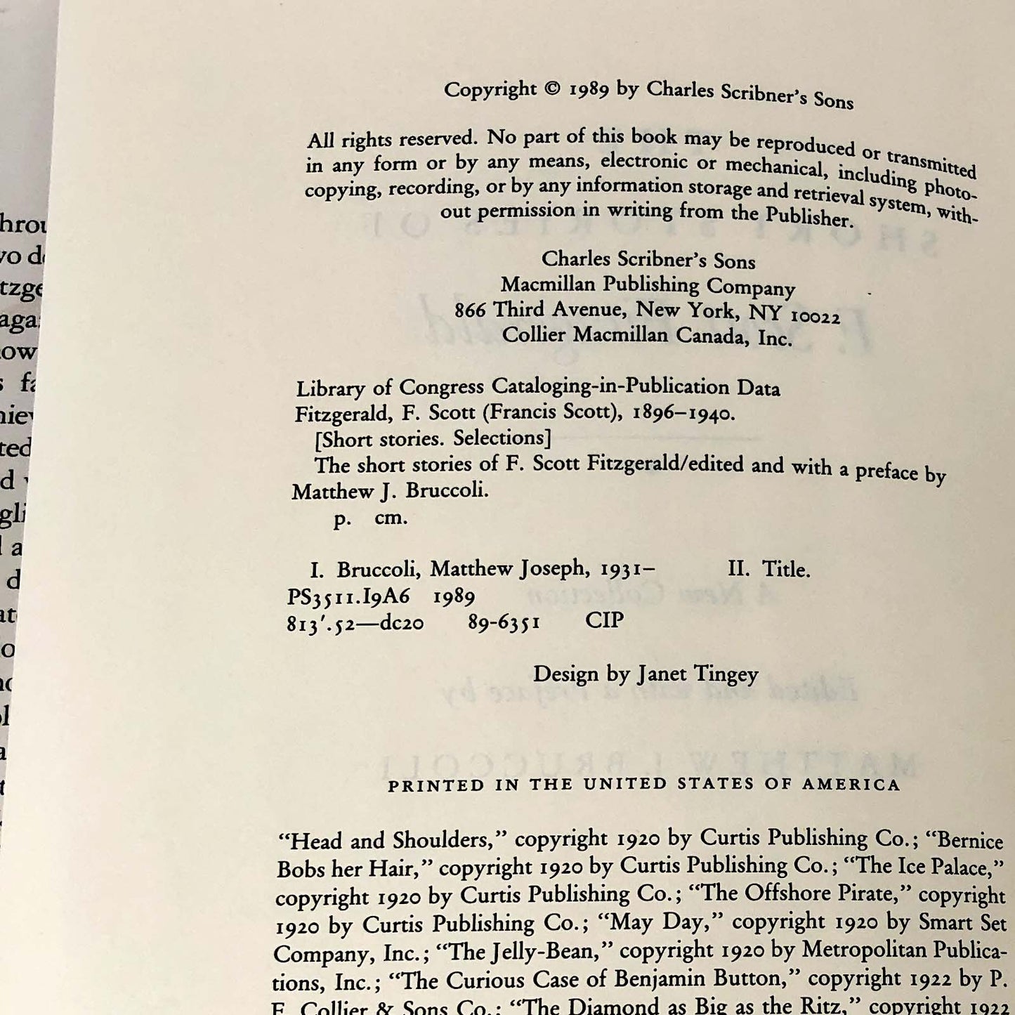 The Short Stories of F. Scott Fitzgerald [FIRST EDITION ANTHOLOGY] 1989