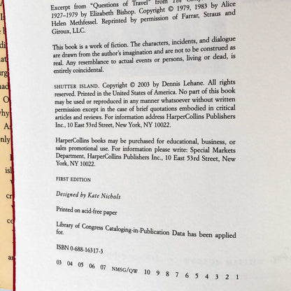 Shutter Island by Dennis Lehane [FIRST EDITION • FIRST PRINTING] 2003