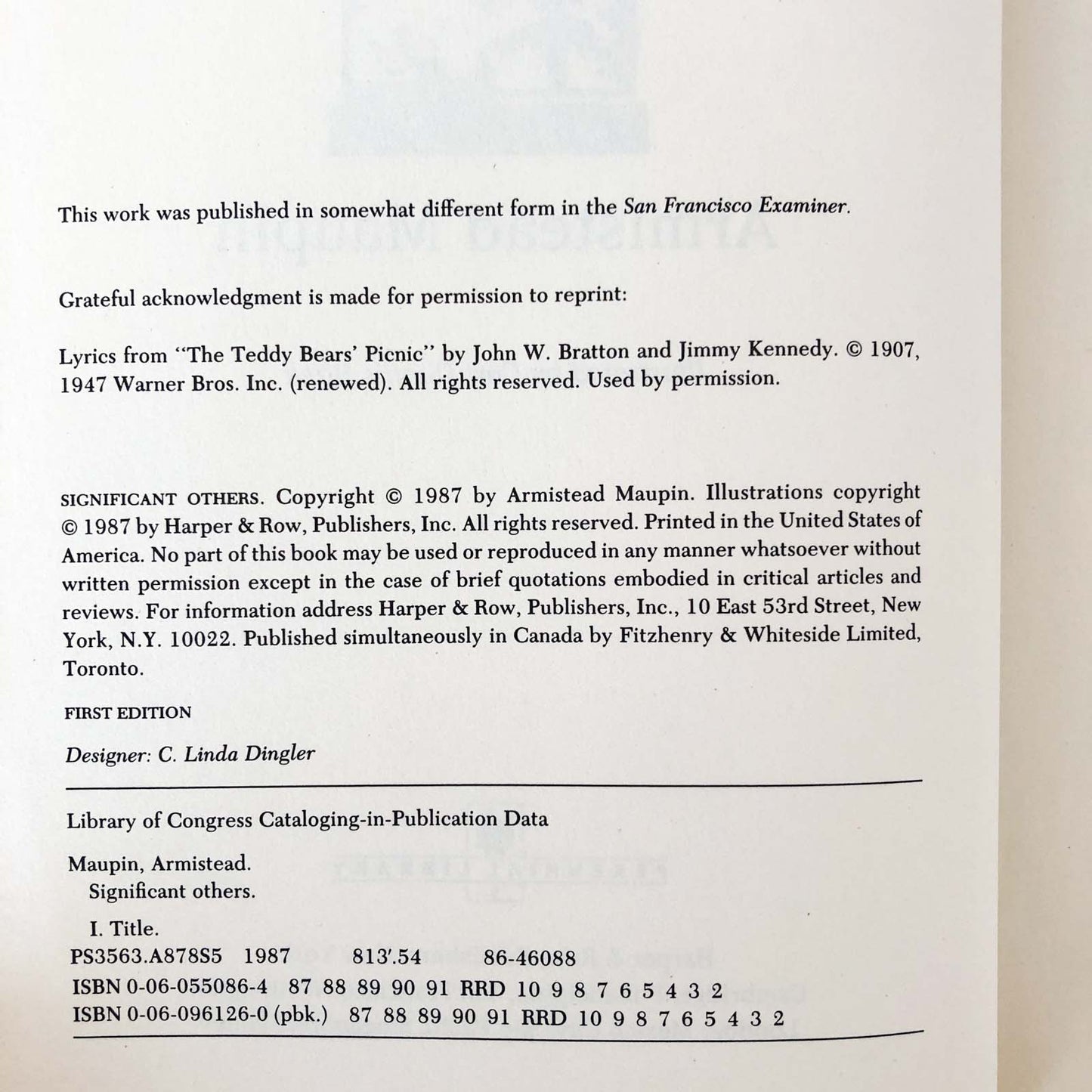 Significant Others by Armistead Maupin [FIRST EDITION] 1987