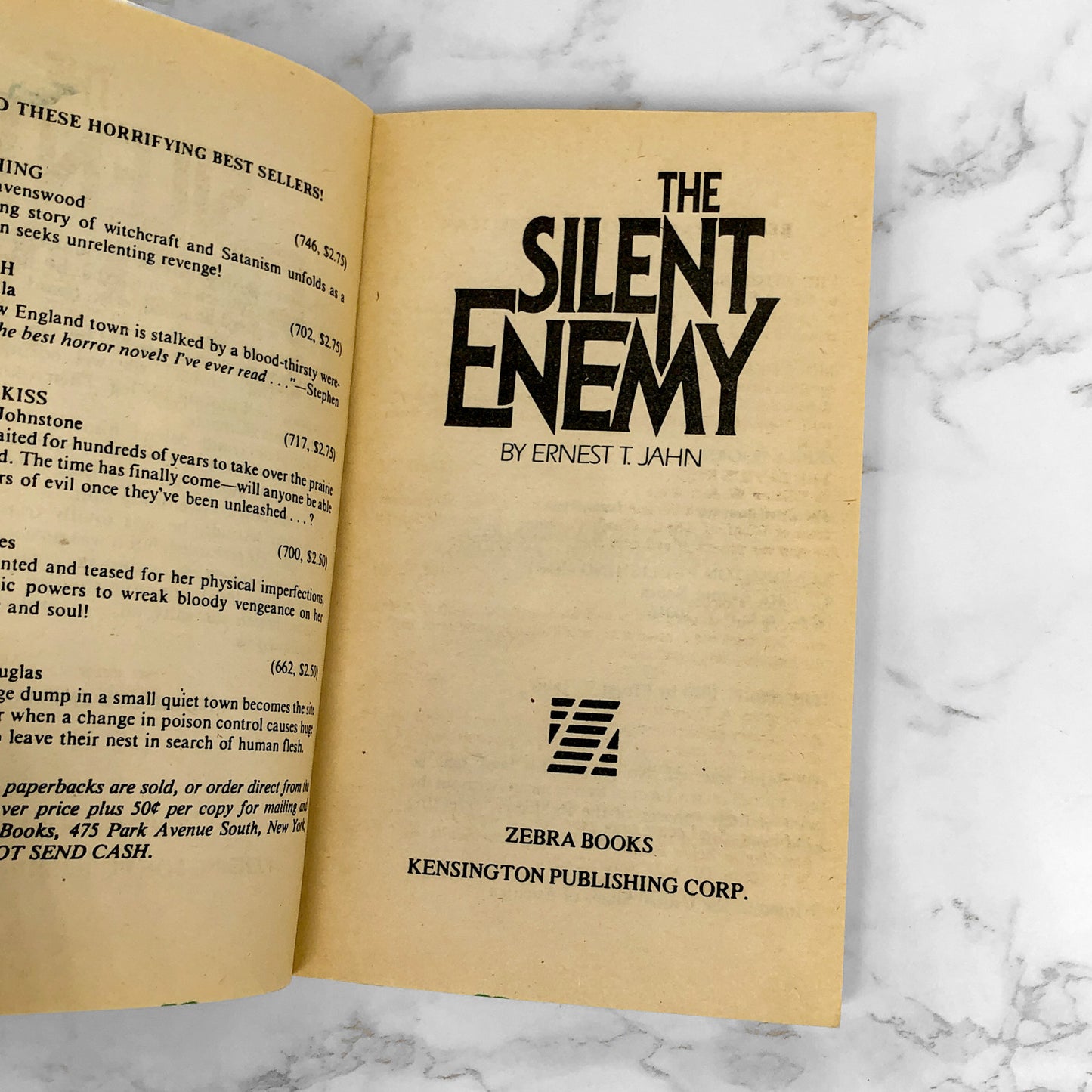 The Silent Enemy by Ernest T. Jahn [FIRST PRINTING] 1980 • Zebra Horror