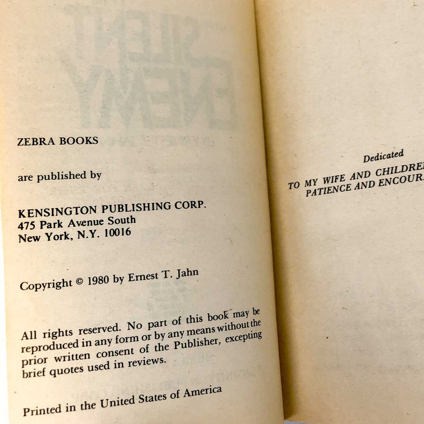 The Silent Enemy by Ernest T. Jahn [FIRST PRINTING] 1980 • Zebra Horror