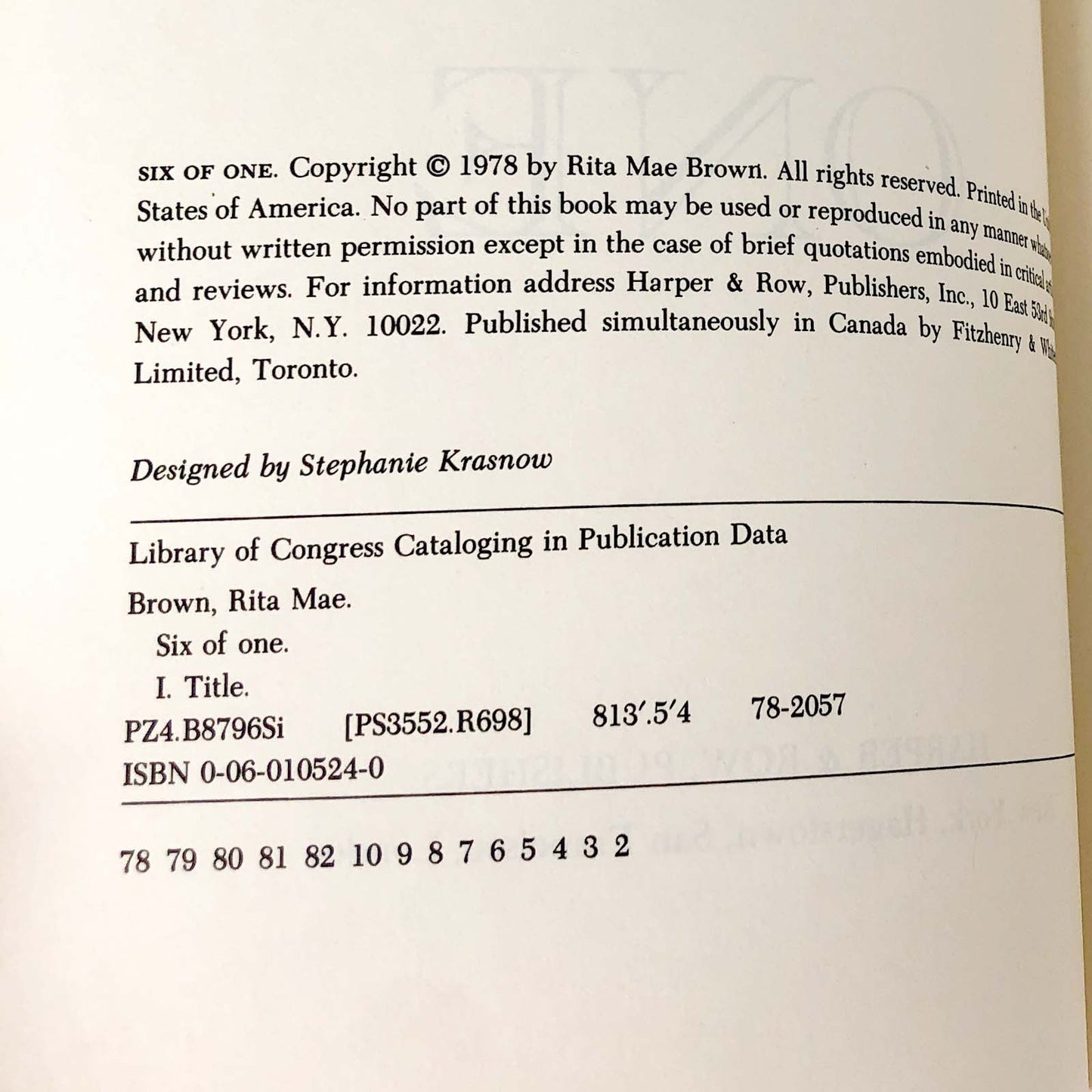 Six of One by Rita Mae Brown [FIRST EDITION] 1978 • Harper & Row