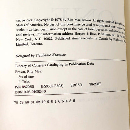 Six of One by Rita Mae Brown [FIRST EDITION] 1978 • Harper & Row