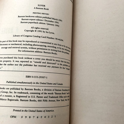 Sliver by Ira Levin [FIRST PAPERBACK PRINTING / 1991]