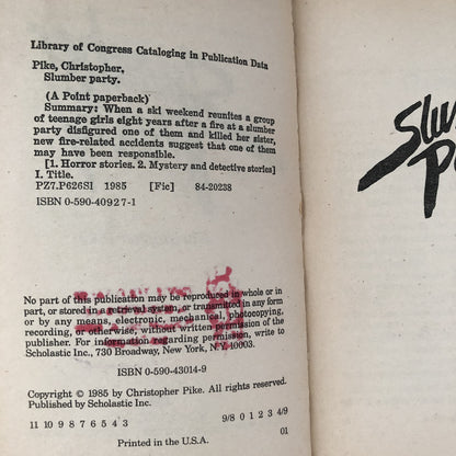 Slumber Party by Christopher Pike [FIRST EDITION / 1985] Point Horror #1