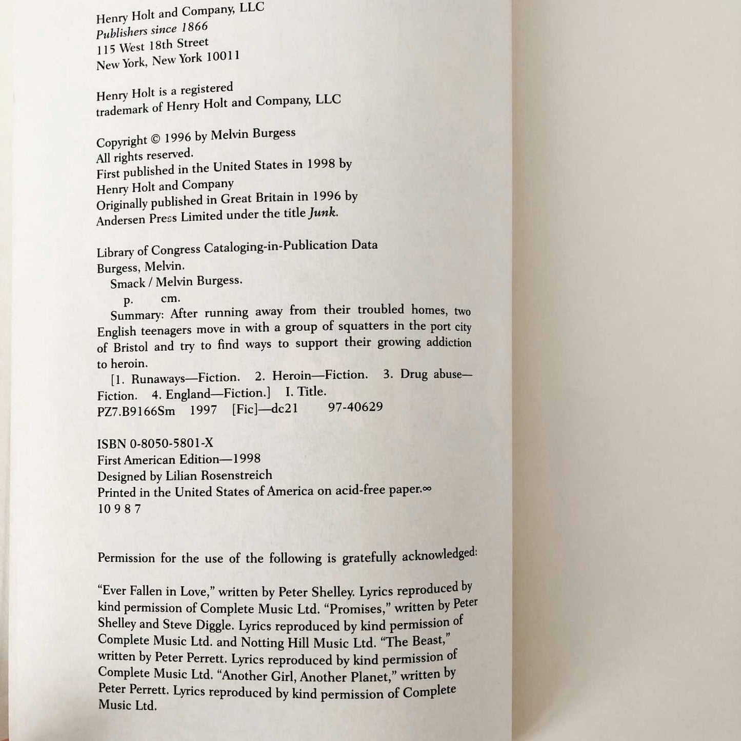 Smack by Melvin Burgess [U.S. FIRST EDITION] 1998