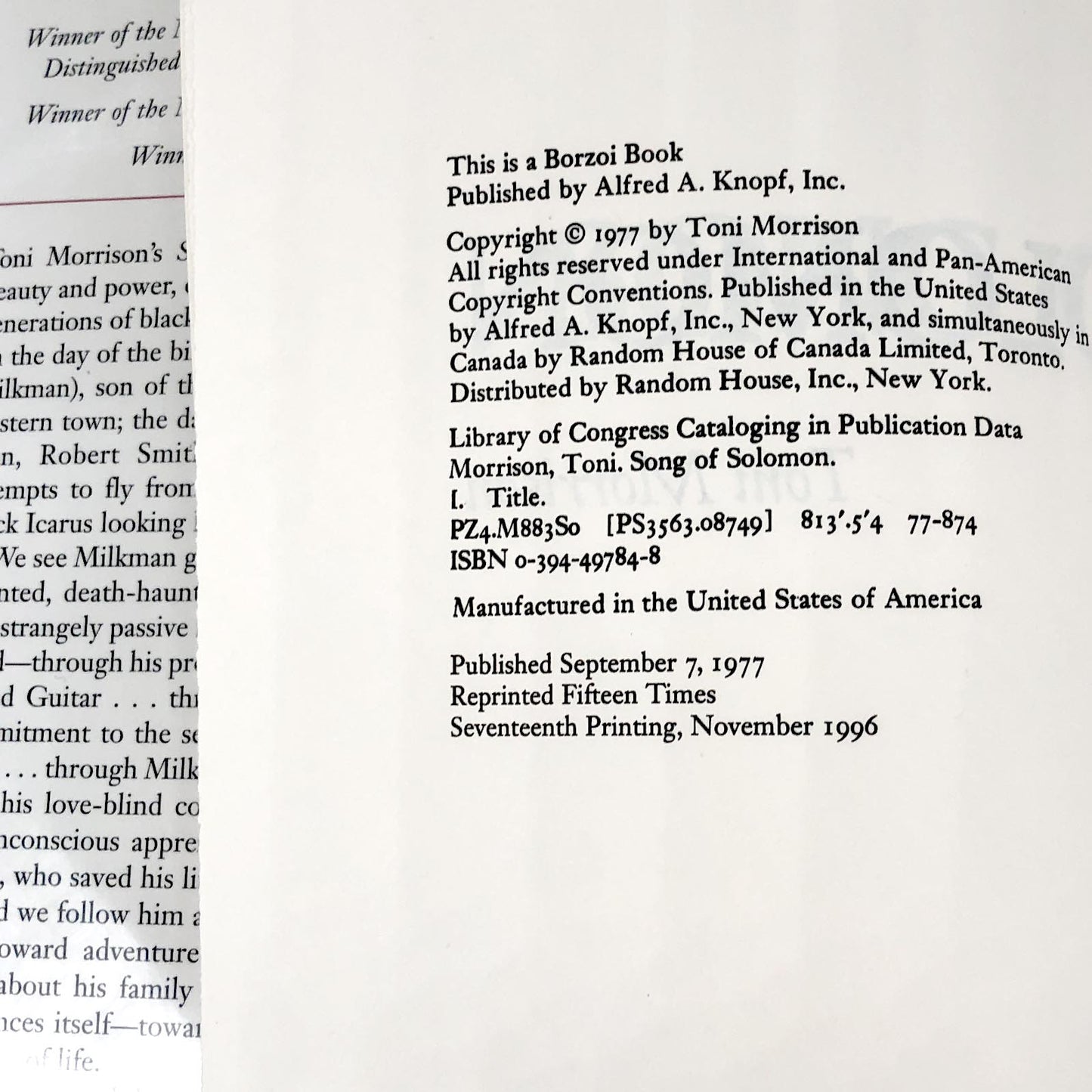 Song of Solomon by Toni Morrison [FIRST EDITION] 17th Printing ❧ 1996