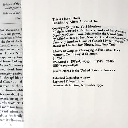 Song of Solomon by Toni Morrison [FIRST EDITION] 17th Printing ❧ 1996