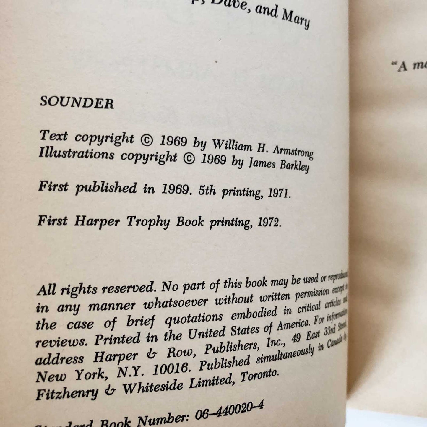Sounder by William H. Armstrong [FIRST PAPERBACK PRINTING] 1972