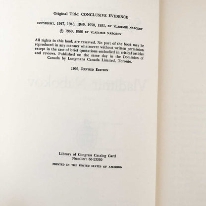 Speak, Memory: An Autobiography Revisited by Vladimir Nabokov [FIRST REVISED EDITION / 1966]