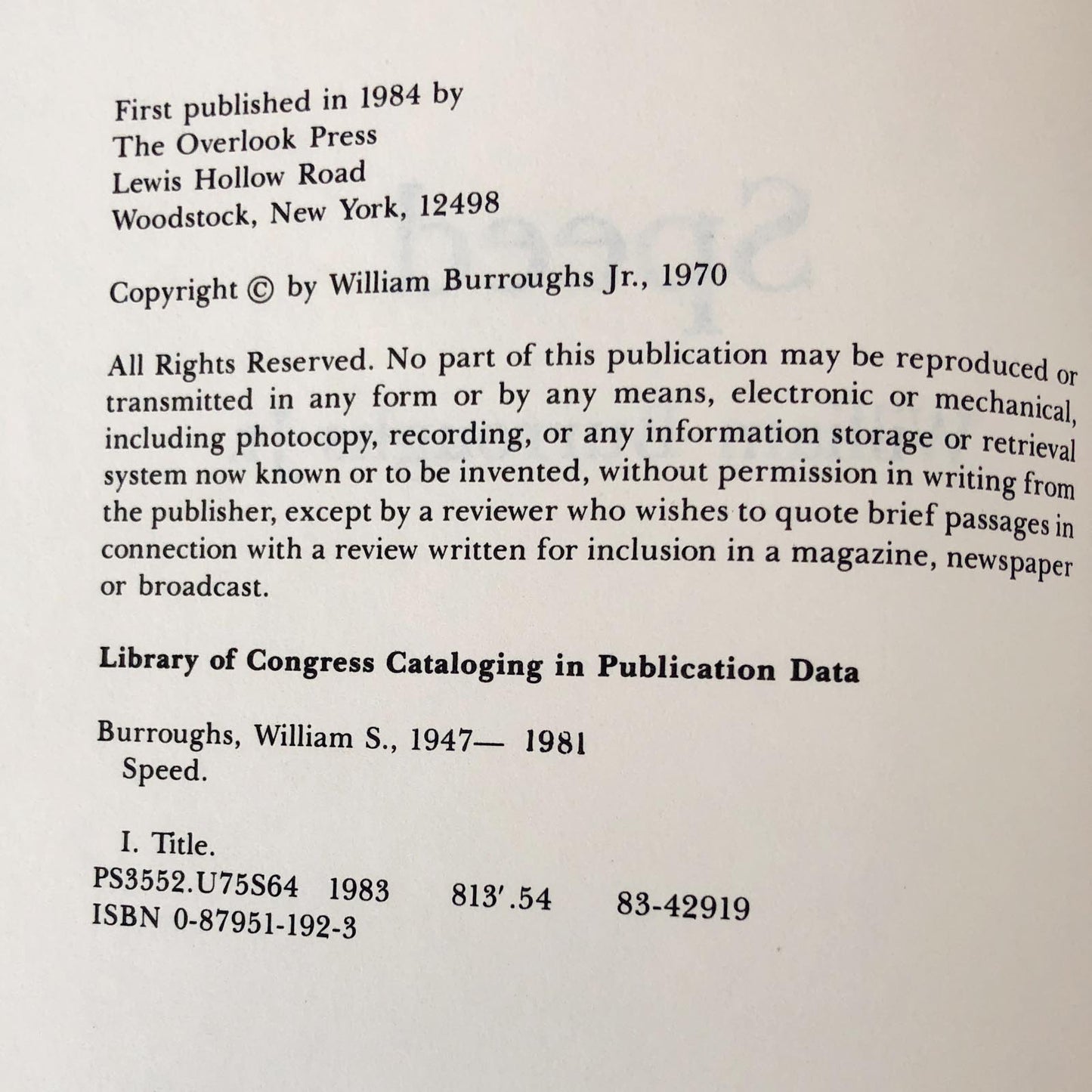 Speed by William S. Burroughs Jr. [TRADE PAPERBACK / 1984]