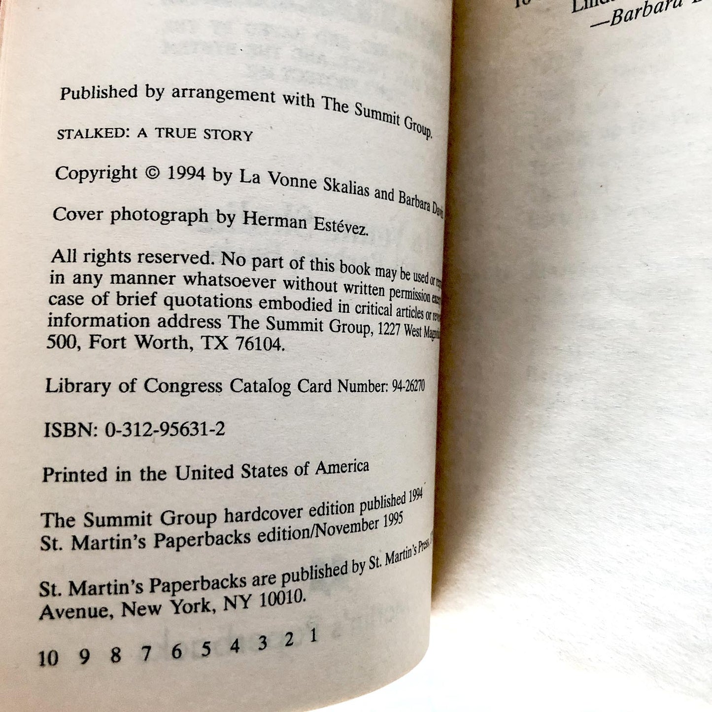 Stalked: A True Story by La Vonne Skalias [FIRST PAPERBACK PRINTING / 1995]