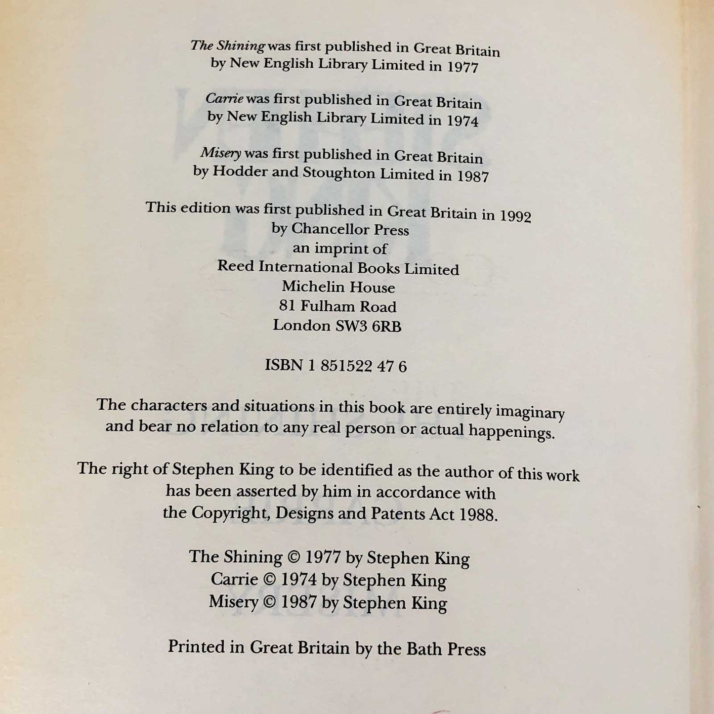 3 Novels: The Shining, Carrie & Misery by Stephen King [U.K. FIRST EDITION OMNIBUS] 1992