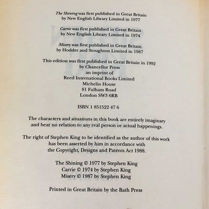 3 Novels: The Shining, Carrie & Misery by Stephen King [U.K. FIRST EDITION OMNIBUS] 1992