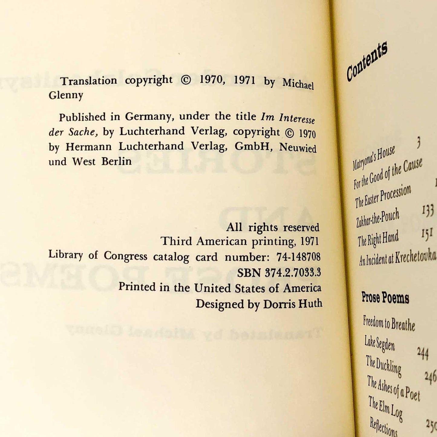 Stories and Prose Poems by Aleksandr Solzhenitsyn [FIRST EDITION] 1971 • FSG