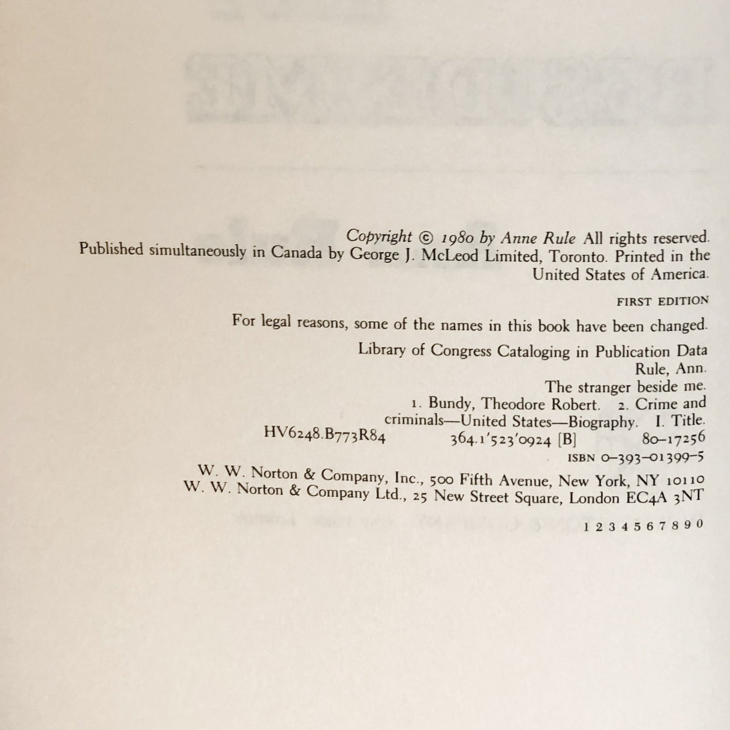 The Stranger Beside Me: Ted Bundy by Ann Rule [FIRST EDITION / FIRST PRINTING]