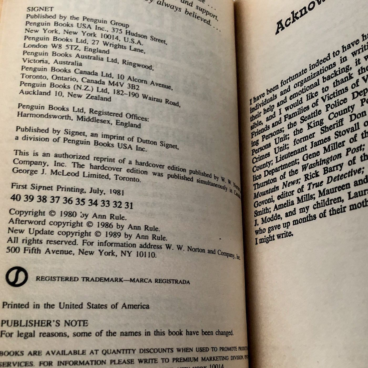 The Stranger Beside Me by Ann Rule [REVISED EDITION PAPERBACK / 1989]