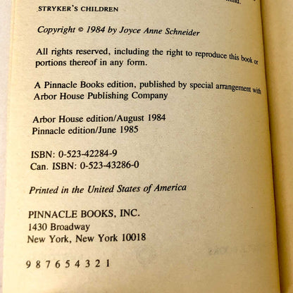 Stryker's Children by Joyce Anne Schneider [FIRST PAPERBACK PRINTING] 1985