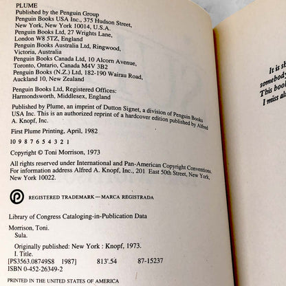 Sula by Toni Morrison [1987 TRADE PAPERBACK] • Plume