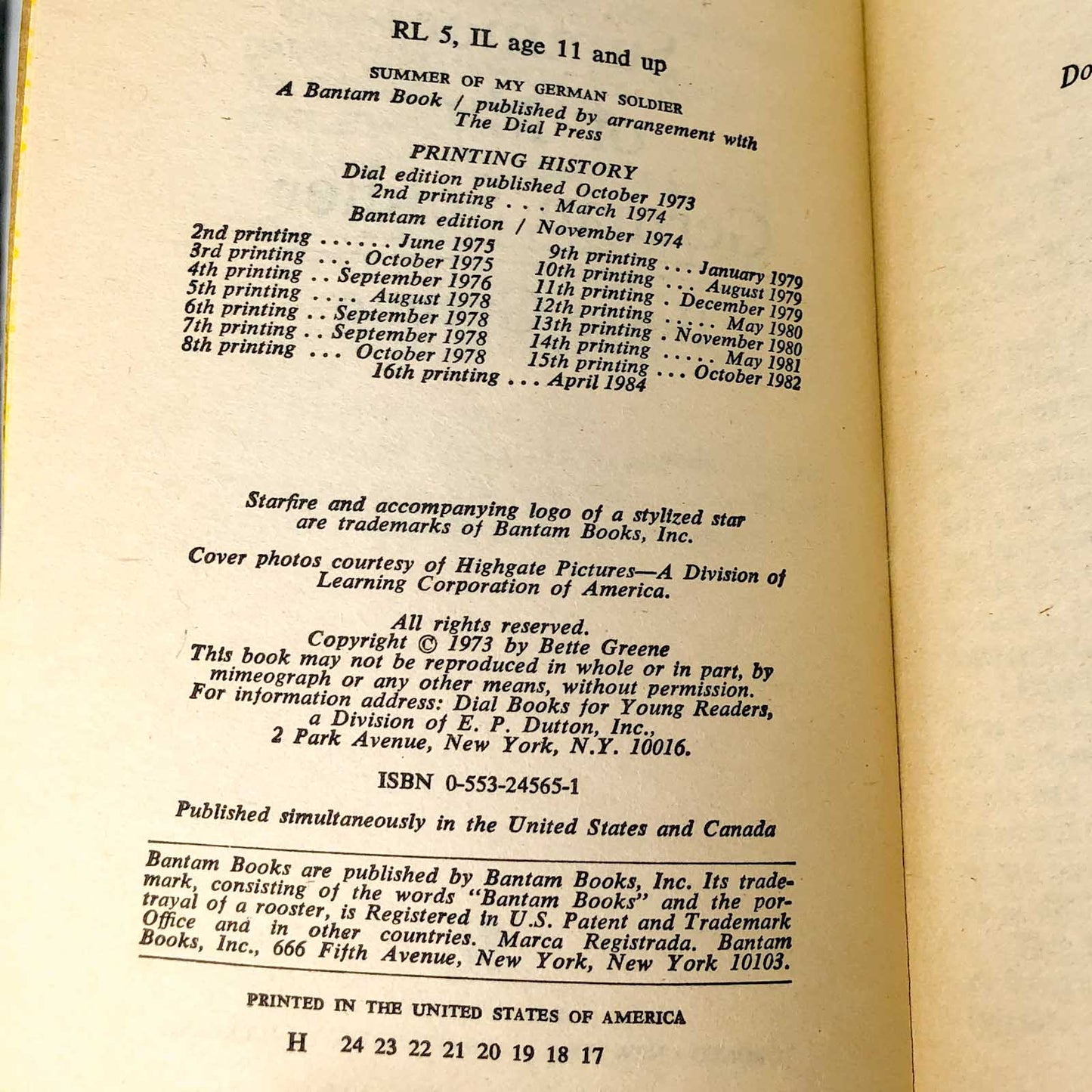 Summer of My German Soldier by Bette Greene [1984 MOVIE TIE-IN PAPERBACK]