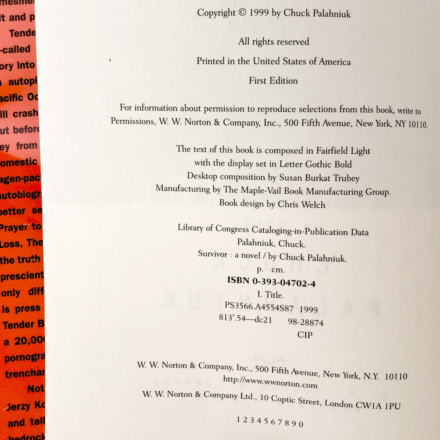 Survivor by Chuck Palahniuk SIGNED! [FIRST EDITION / FIRST PRINTING] 1999