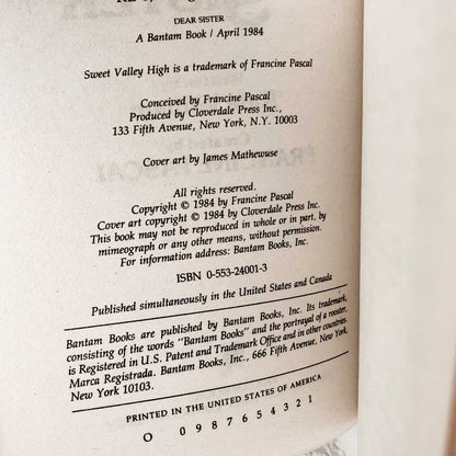 Sweet Valley High #7: Dear Sister by Francine Pascal & Kate William [FIRST PRINTING] 1984