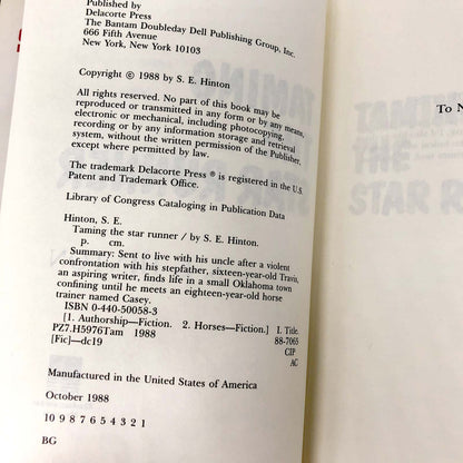 Taming the Star Runner by S.E. Hinton [FIRST EDITION • FIRST PRINTING] 1988 • Delacorte Press