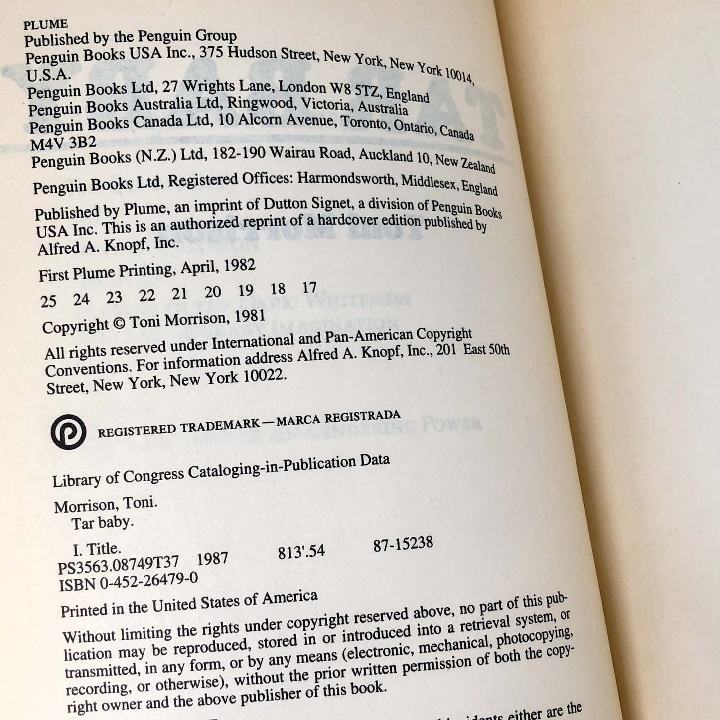 Tar Baby by Toni Morrison [1987 TRADE PAPERBACK]