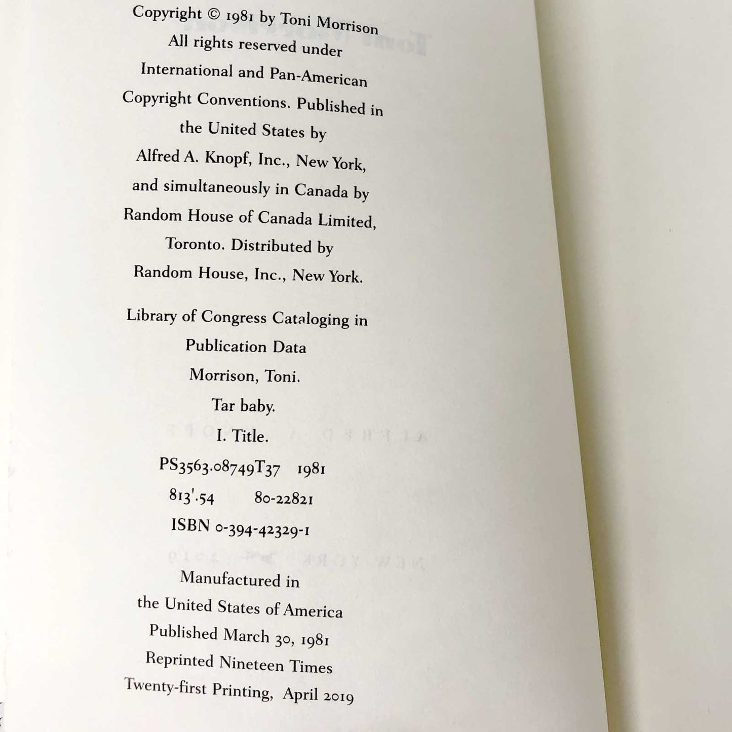 Tar Baby by Toni Morrison [FIRST EDITION] 21st Printing • 2019