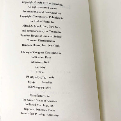 Tar Baby by Toni Morrison [FIRST EDITION] 21st Printing • 2019
