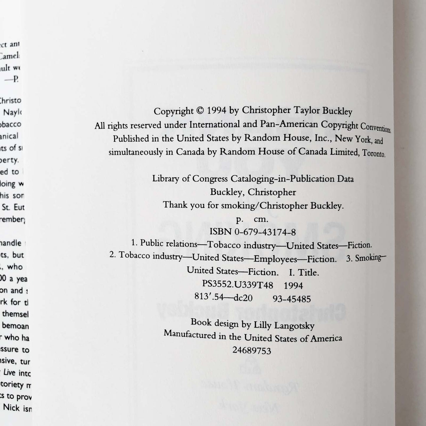 Thank You for Smoking by Christopher Buckley [FIRST EDITION] 1994 • Random House