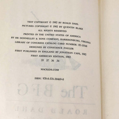 The BFG by Roald Dahl [U.S. FIRST EDITION] 1982 • Later Printing