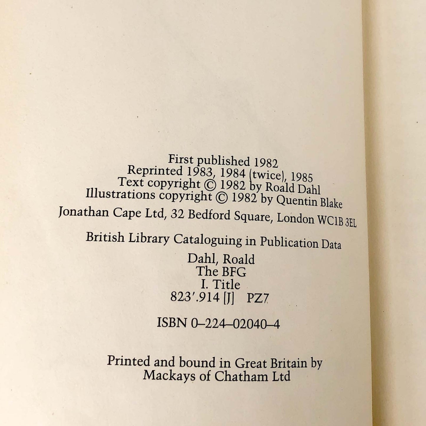 The BFG by Roald Dahl [U.K. FIRST EDITION] 1985 • 5th Printing • Jonathan Cape