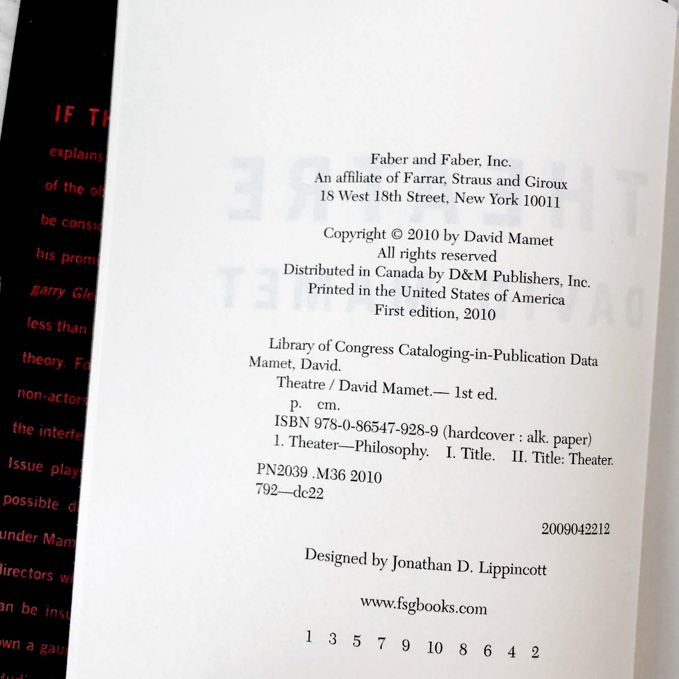 Theatre by David Mamet [FIRST EDITION / FIRST PRINTING] 2010