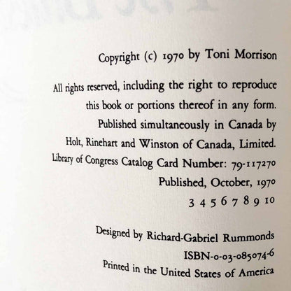 The Bluest Eye by Toni Morrison [FIRST EDITION? / THIRD PRINTING] 1970
