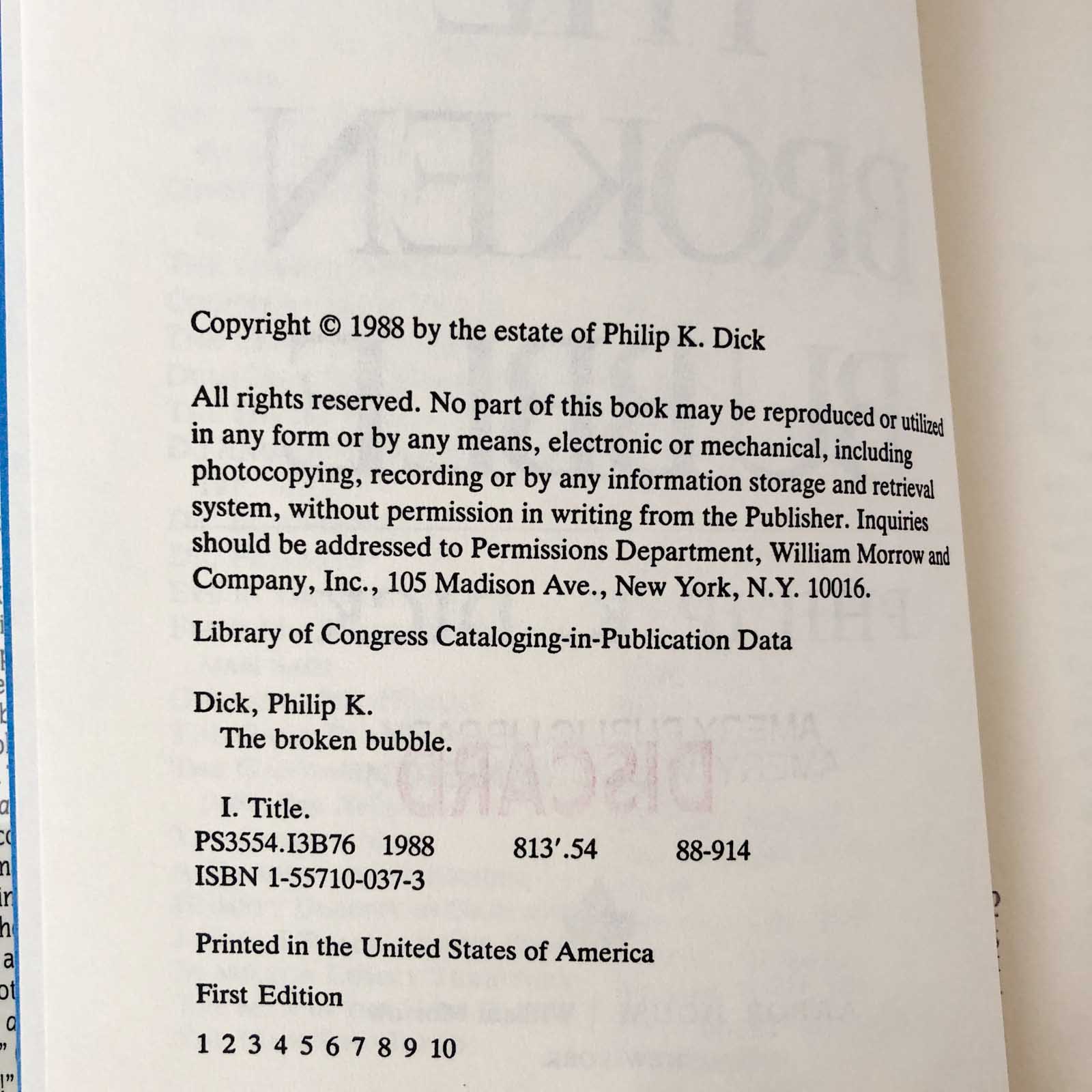 The Broken Bubble by Philip K. Dick [FIRST EDITION] 1988 // 1st Printing // Hardcover // newest Arbor House