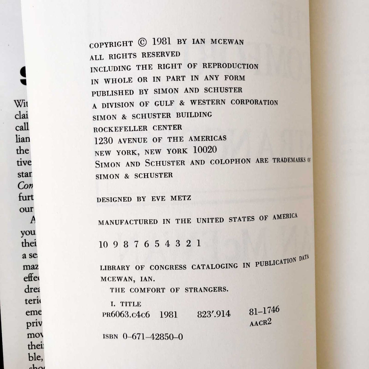 The Comfort of Strangers by Ian McEwan [FIRST EDITION / FIRST PRINTING] 1981