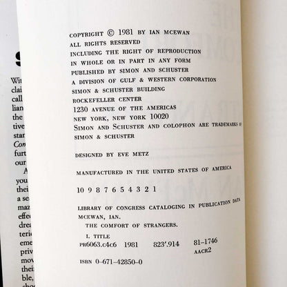 The Comfort of Strangers by Ian McEwan [FIRST EDITION / FIRST PRINTING] 1981