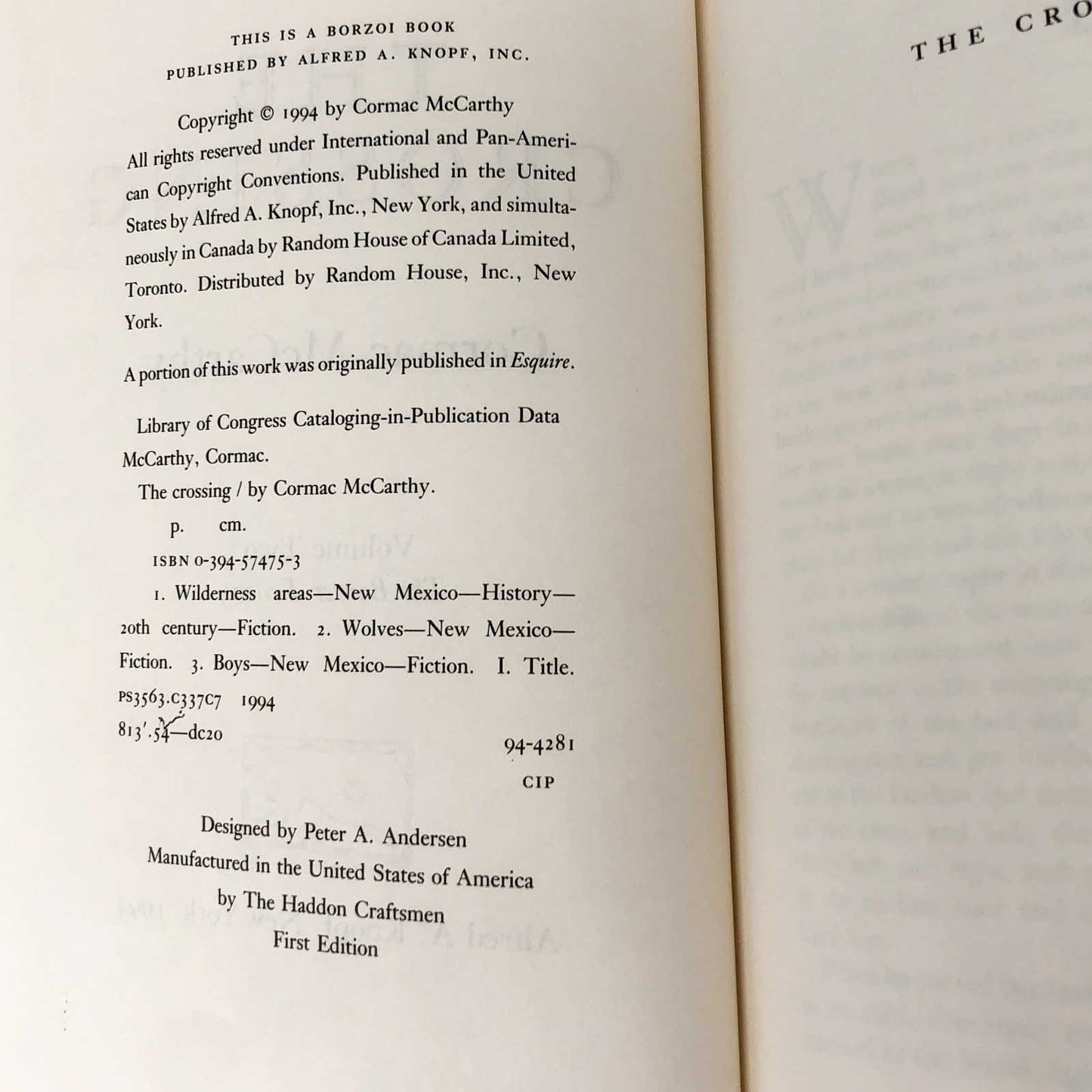 The Crossing by Cormac McCarthy [FIRST EDITION • FIRST PRINTING] 1994 • Alfred A. Knopf