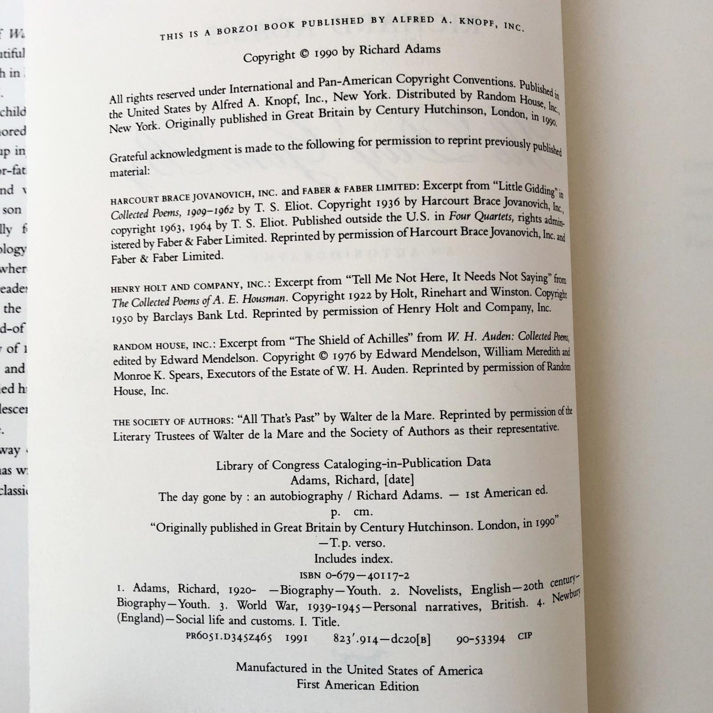 The Day Gone By: An Autobiography by Richard Adams [FIRST EDITION] 1990 • Knopf