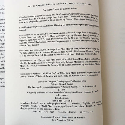 The Day Gone By: An Autobiography by Richard Adams [FIRST EDITION] 1990 • Knopf