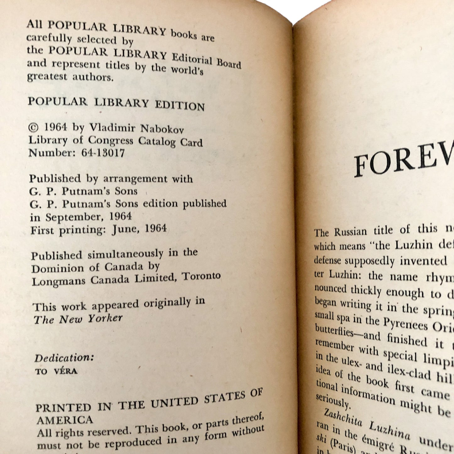 The Defense by Vladimir Nabokov [1964 FIRST PAPERBACK PRINTING]