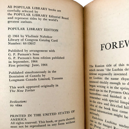 The Defense by Vladimir Nabokov [1964 FIRST PAPERBACK PRINTING]