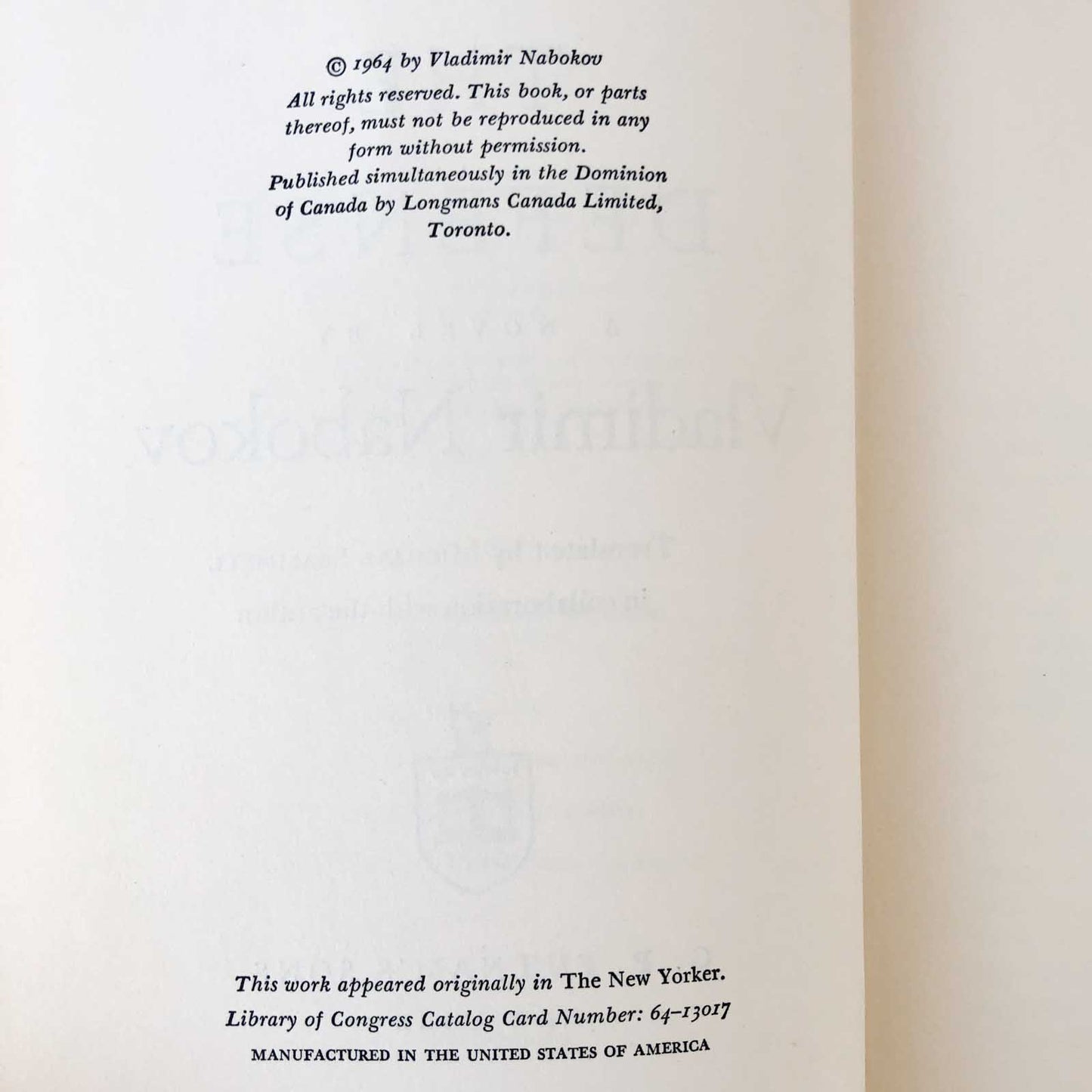 The Defense by Vladimir Nabokov [FIRST EDITION / FIRST PRINTING] 1964