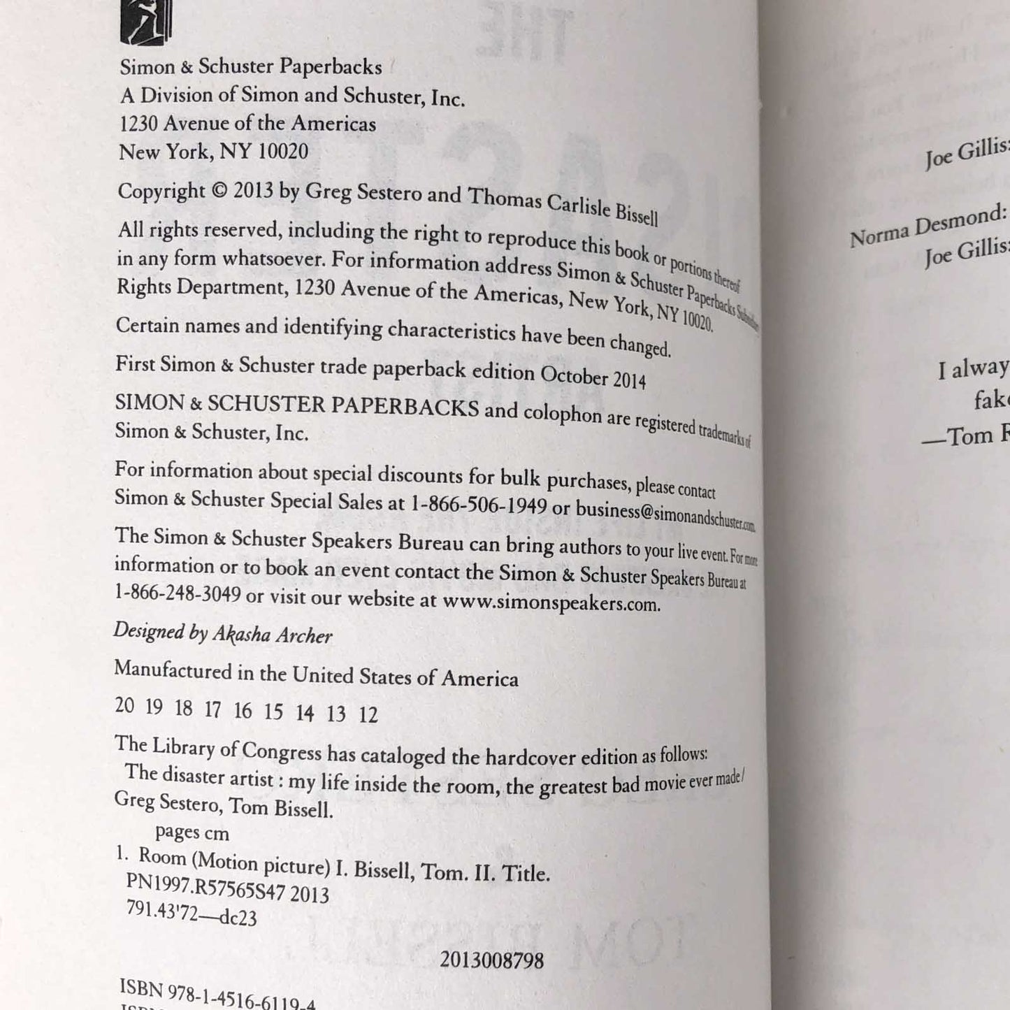 The Disaster Artist: My Life Inside The Room, the Greatest Bad Movie Ever Made by Greg Sestero [FIRST PAPERBACK EDITION] 2014