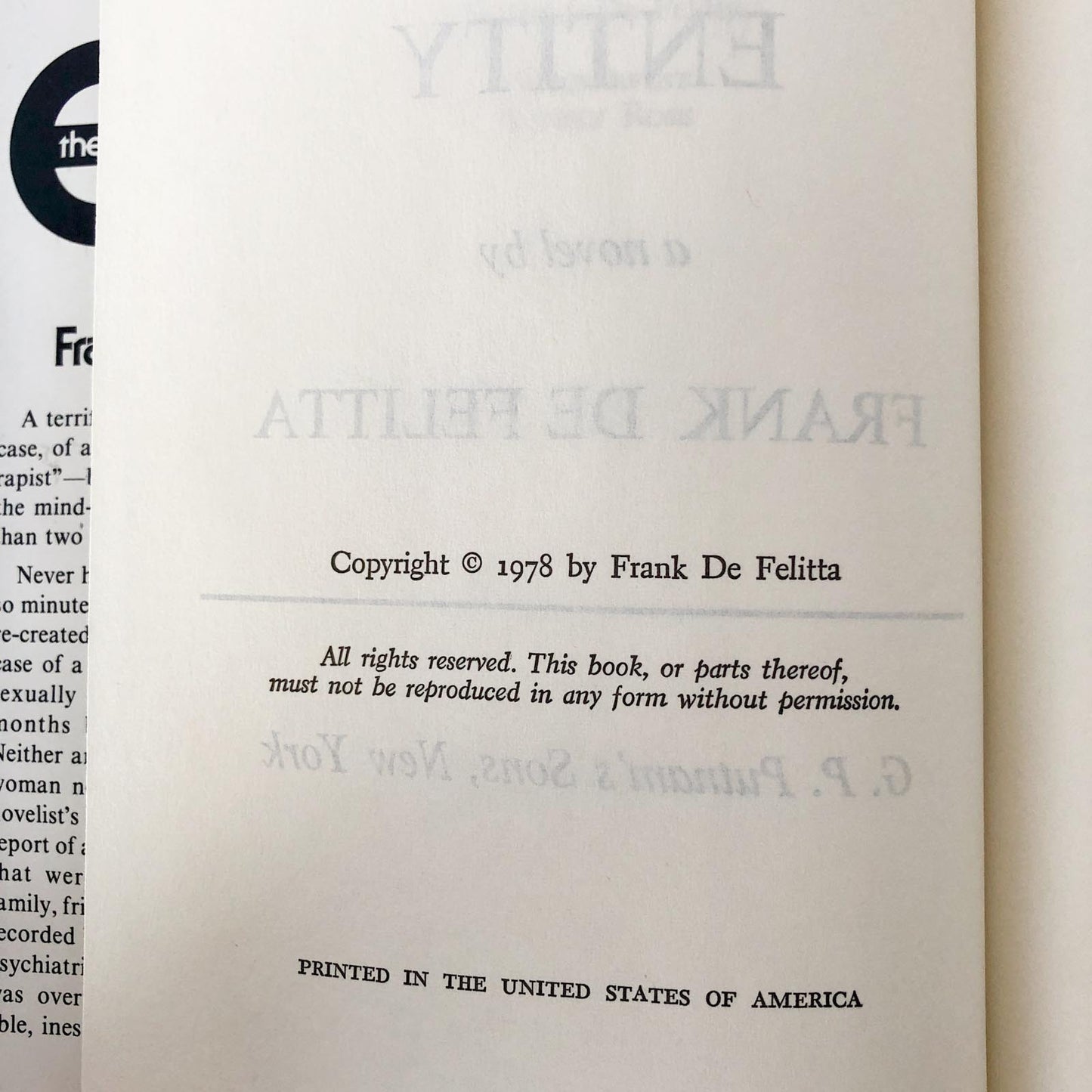 The Entity by Frank De Felitta [FIRST BOOK CLUB EDITION] 1978 • G.P. Putnam's Sons