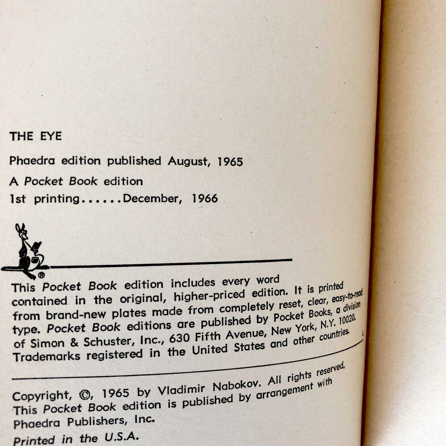 The Eye by Vladimir Nabokov [FIRST PAPERBACK PRINTING] 1966 • Pocket