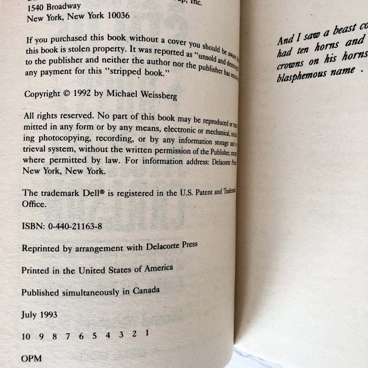 The First Sin of Ross Michael Carlson by Michael Weissberg [FIRST PAPERBACK PRINTING / 1993]